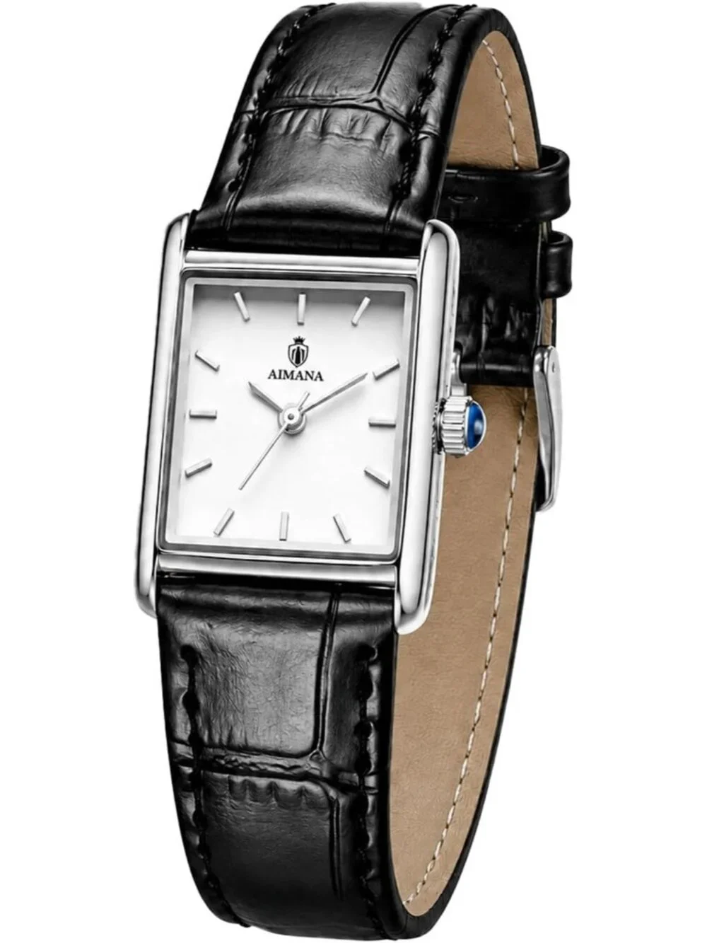 Women's Silver Case Black Rectangle Vintage Leather Strap Quartz Movement Watch